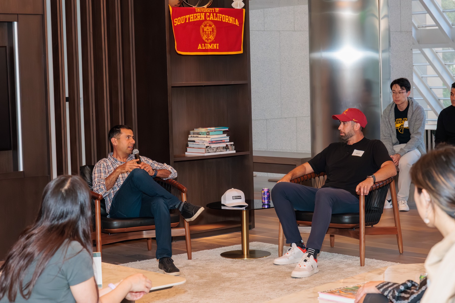 Mike Ghaffary and Miles Deamer in conversation with USC banner